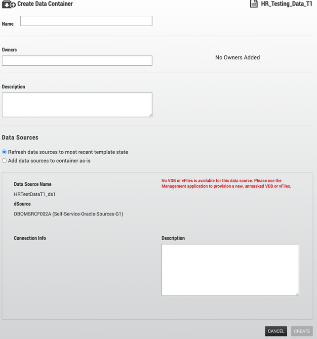 Self-Service Error: No VDB or vFiles is Available For This Data Source ...